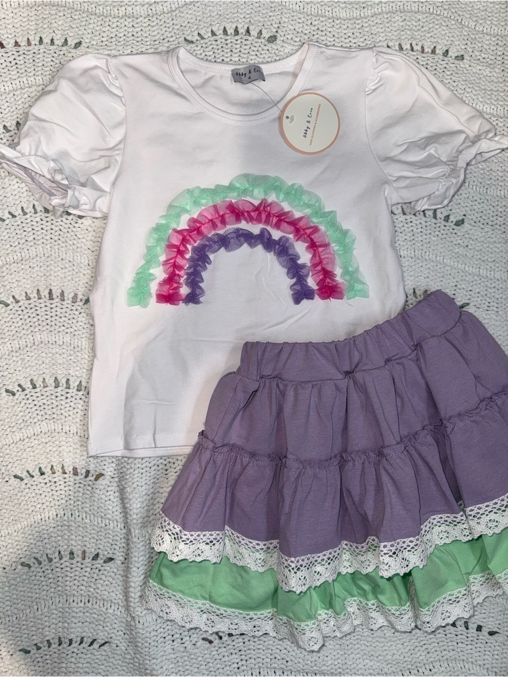 NWT Girls White Rainbow Tee with Lavender & Mint Ruffle Skirt Set